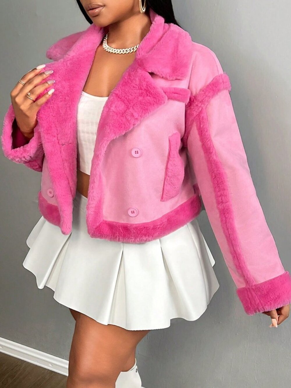 Hot Pink Casual Women's Faux Fur Coats - Picture 6 of 7